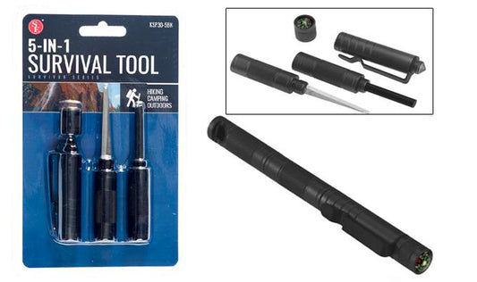 5 - 1 Compact Survival Tool, Compass, Punch, Striker, Flint, Whistle