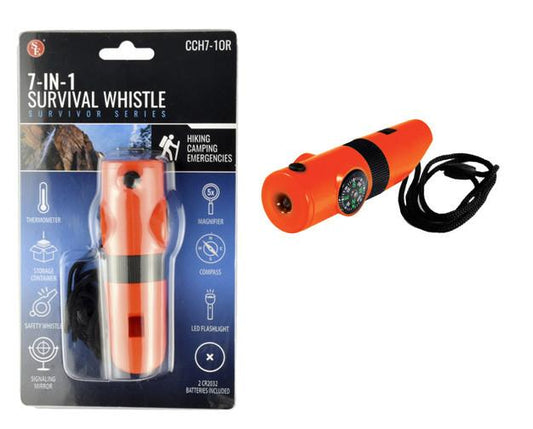 7-IN-1 Survival Whistle with LED Flashlight : Orange Color