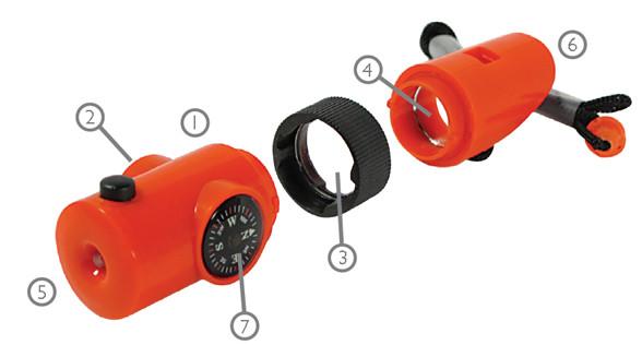 7-IN-1 Survival Whistle with LED Flashlight : Orange Color components