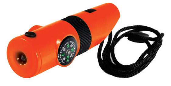 7-IN-1 Survival Whistle with LED Flashlight : Orange Color connected