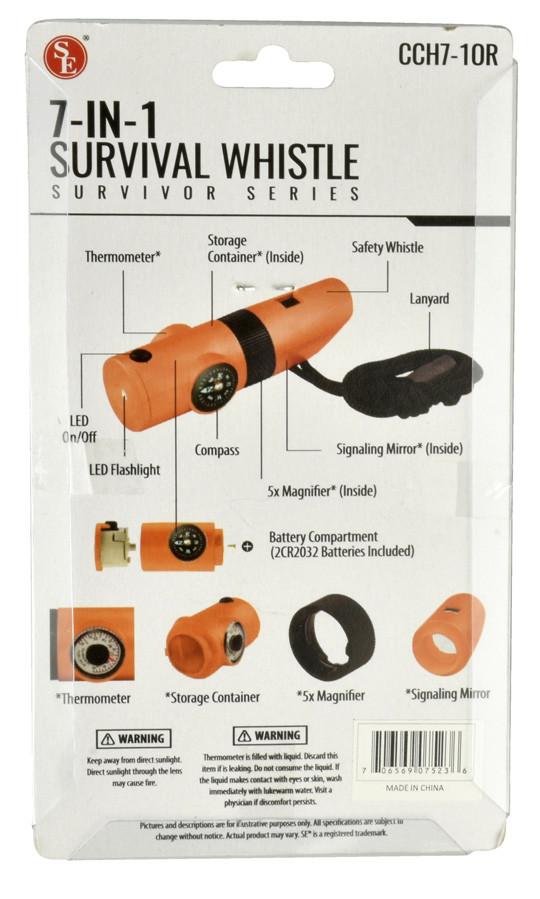 7-IN-1 Survival Whistle with LED Flashlight : Orange Color