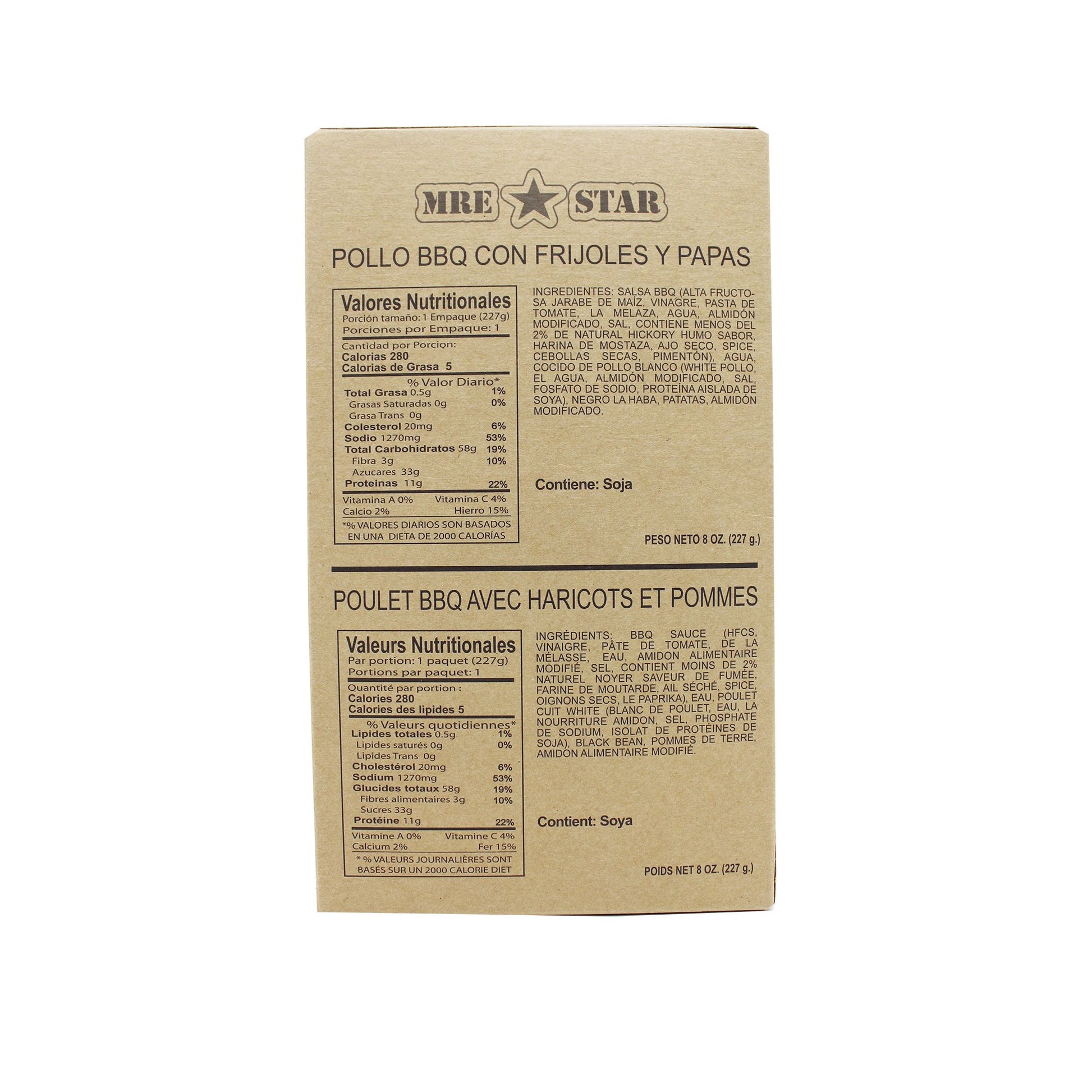 Back side of MRE bbq sauce with chicken, black beans and potatoes case with retort bag inside