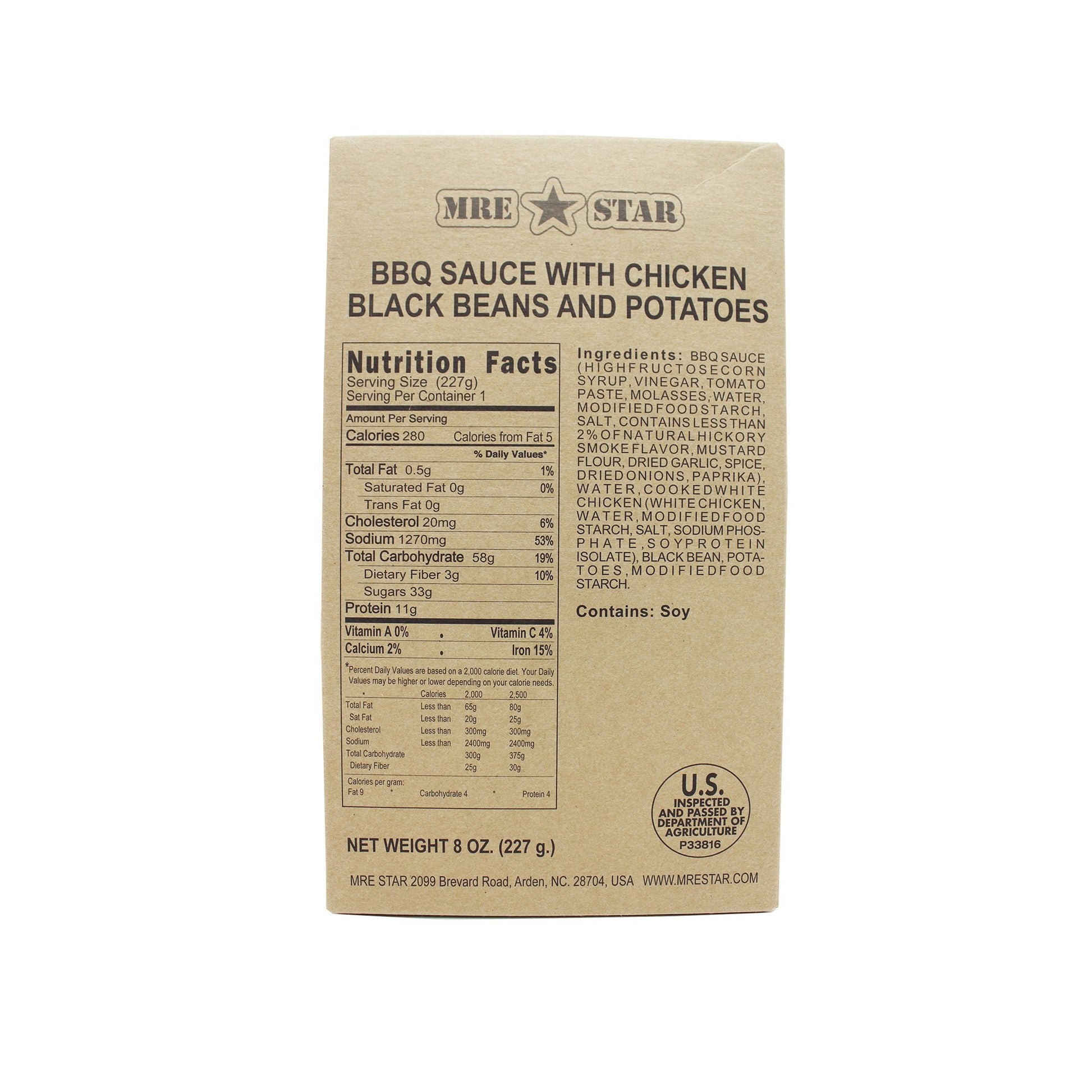 Front side of MRE bbq sauce with chicken, black beans and potatoes case with retort bag inside