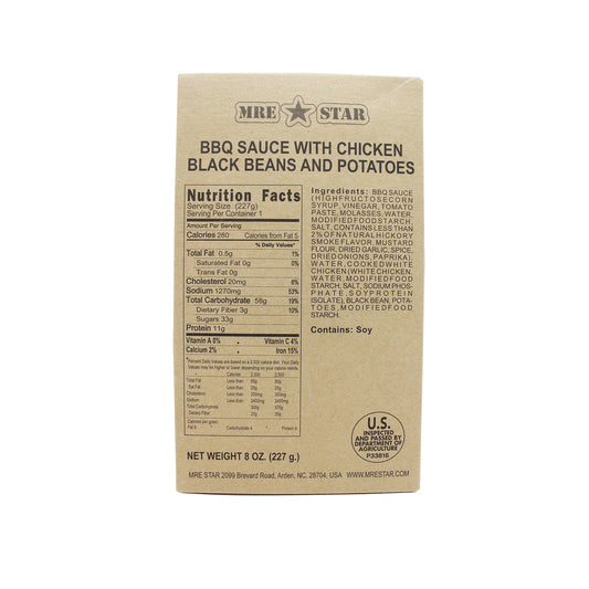Front side of MRE bbq sauce with chicken, black beans and potatoes case with retort bag inside