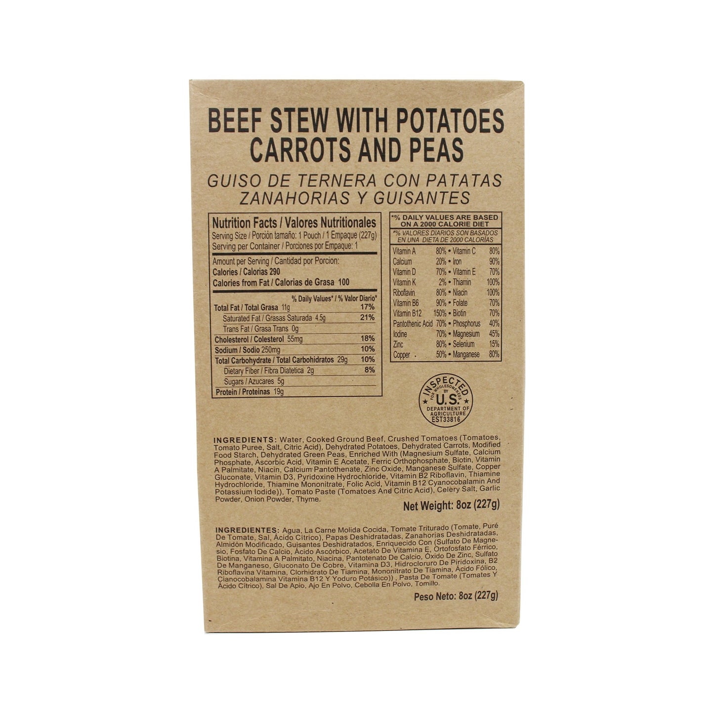 Front side of MRE beef stew with potatoes carrots and peas case with retort bag inside