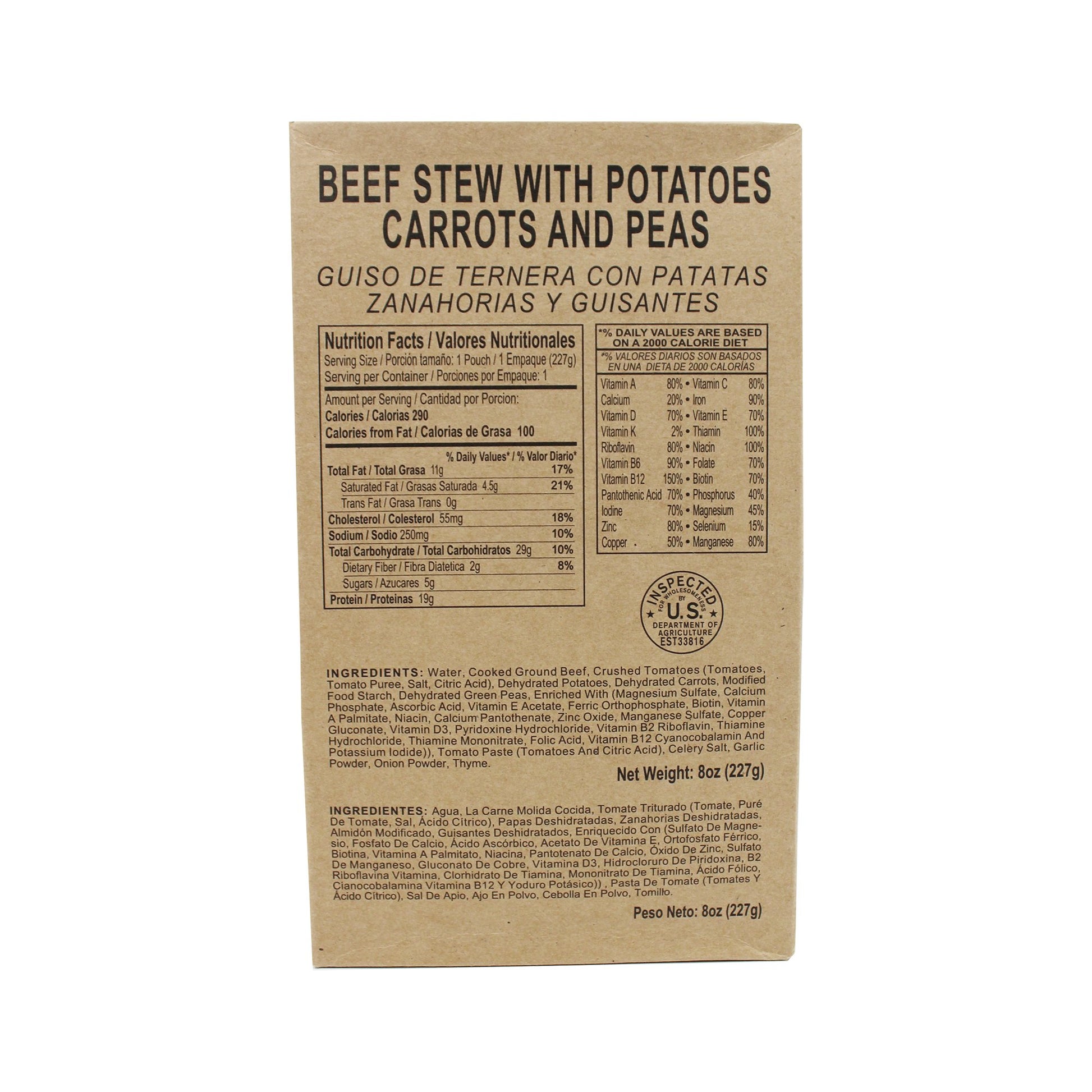 Front side of MRE beef stew with potatoes carrots and peas case with retort bag inside
