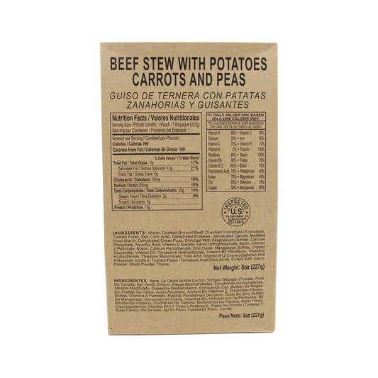 Front side of MRE beef stew with potatoes carrots and peas case with retort bag inside