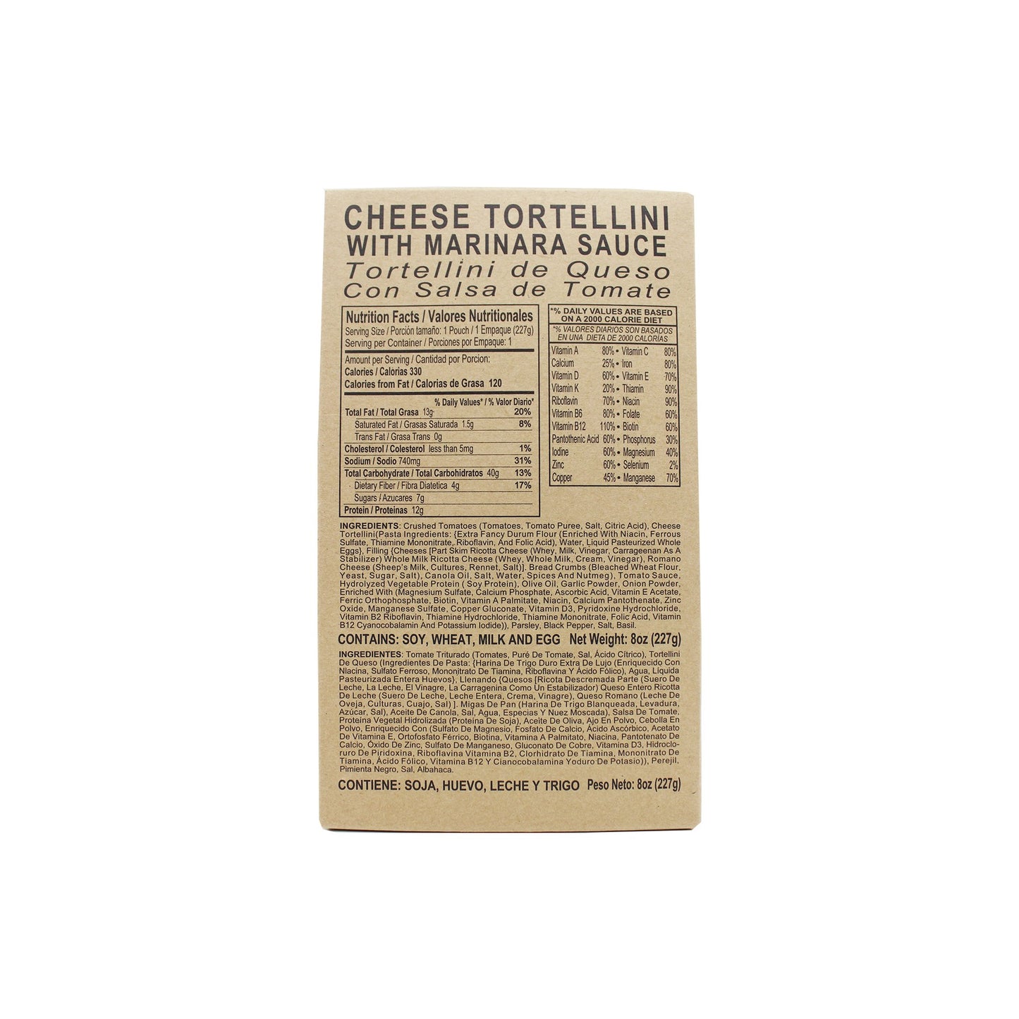 Front side of MRE cheese tortellini with marinara sauce case with retort bag inside