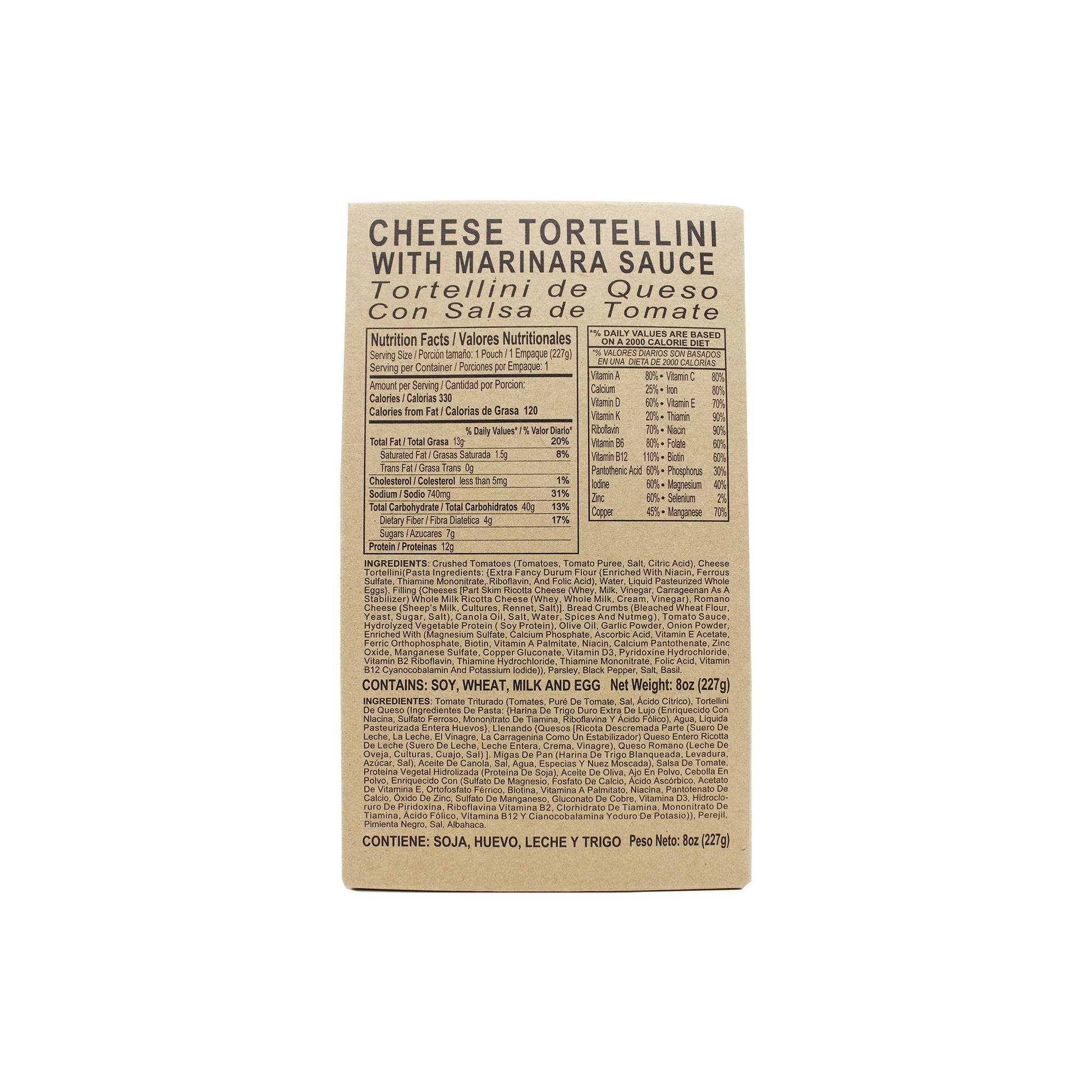 Front side of MRE cheese tortellini with marinara sauce case with retort bag inside