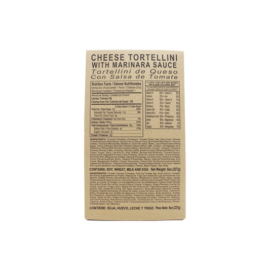 Front side of MRE cheese tortellini with marinara sauce case with retort bag inside