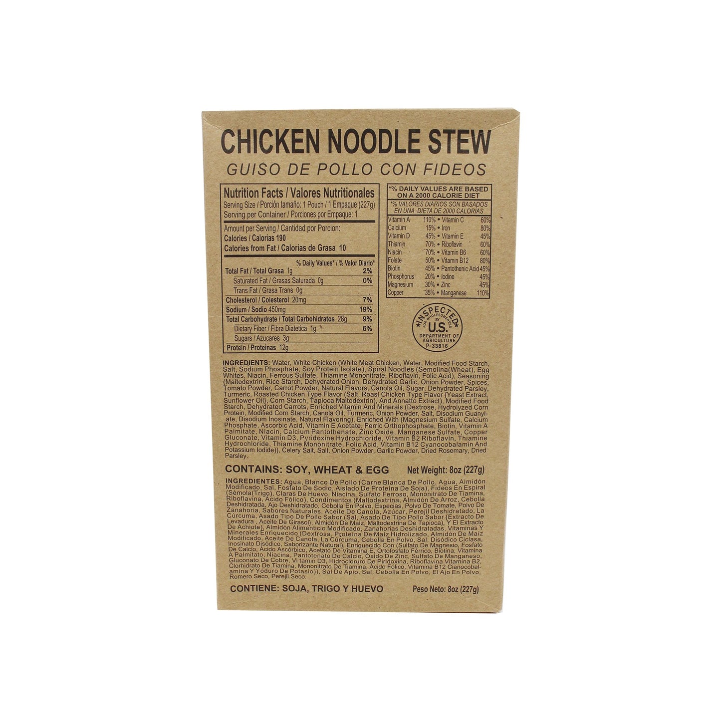 Front side of MRE chicken noodle stew case with retort bag inside
