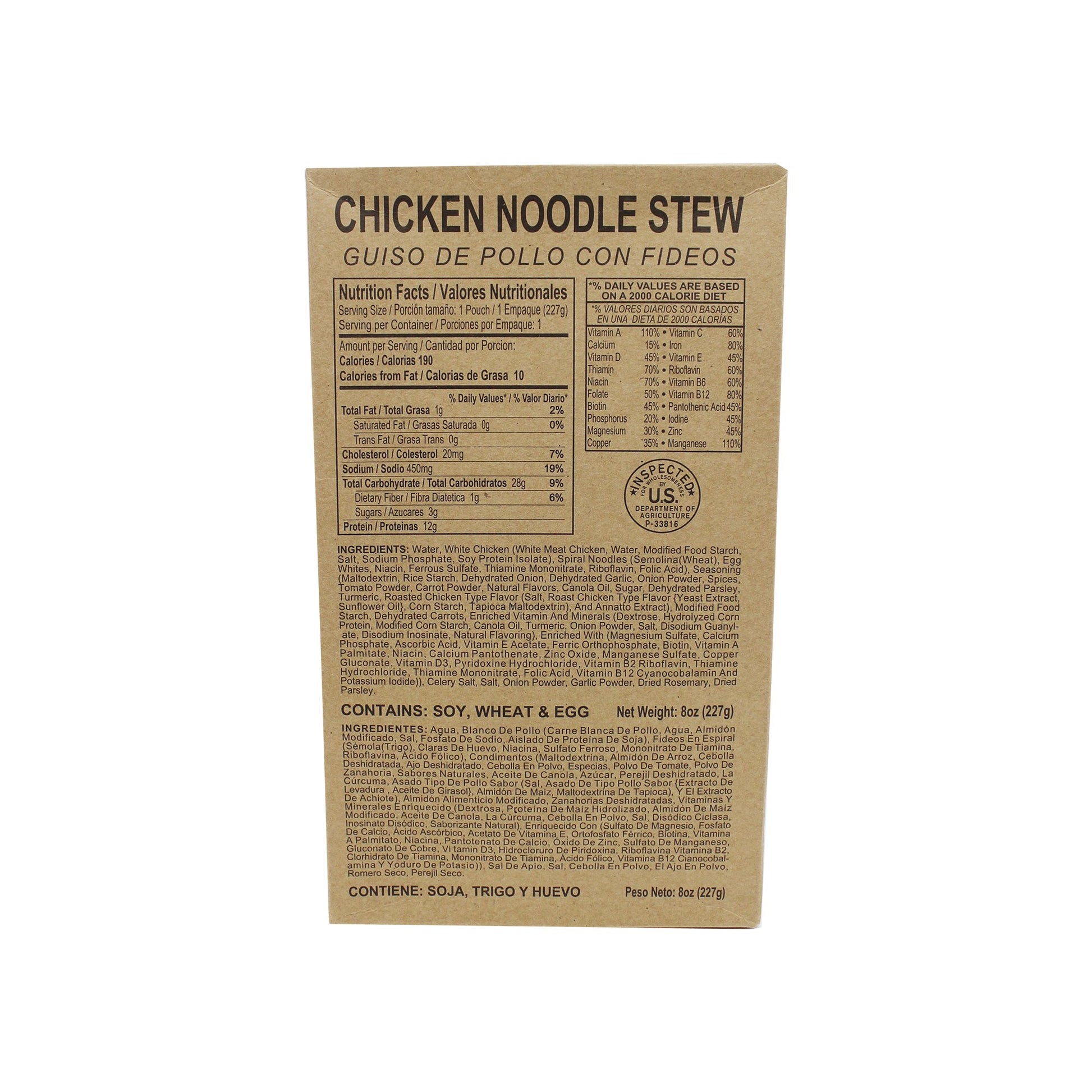 Front side of MRE chicken noodle stew case with retort bag inside