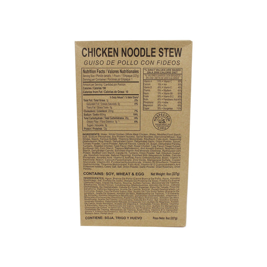 Front side of MRE chicken noodle stew case with retort bag inside