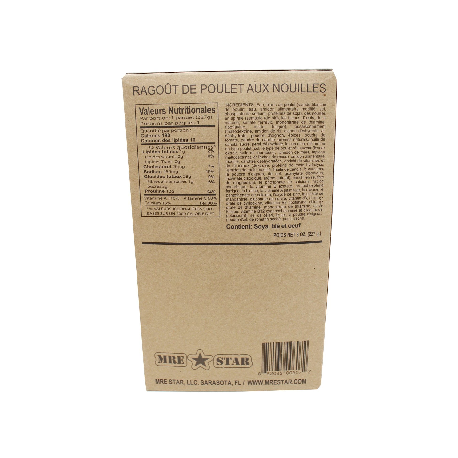 Back side of MRE chicken noodle stew case with retort bag inside