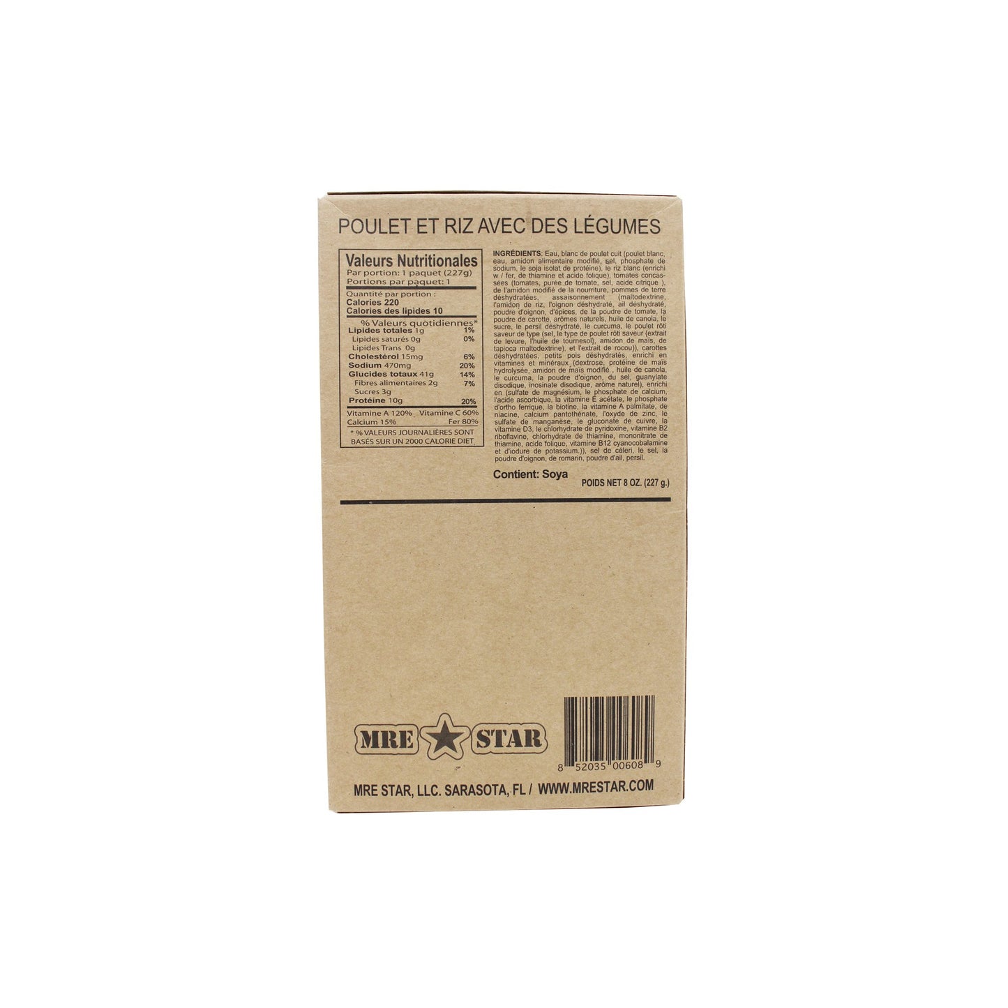 Back side of MRE chicken and rice with vegetables case with retort bag inside