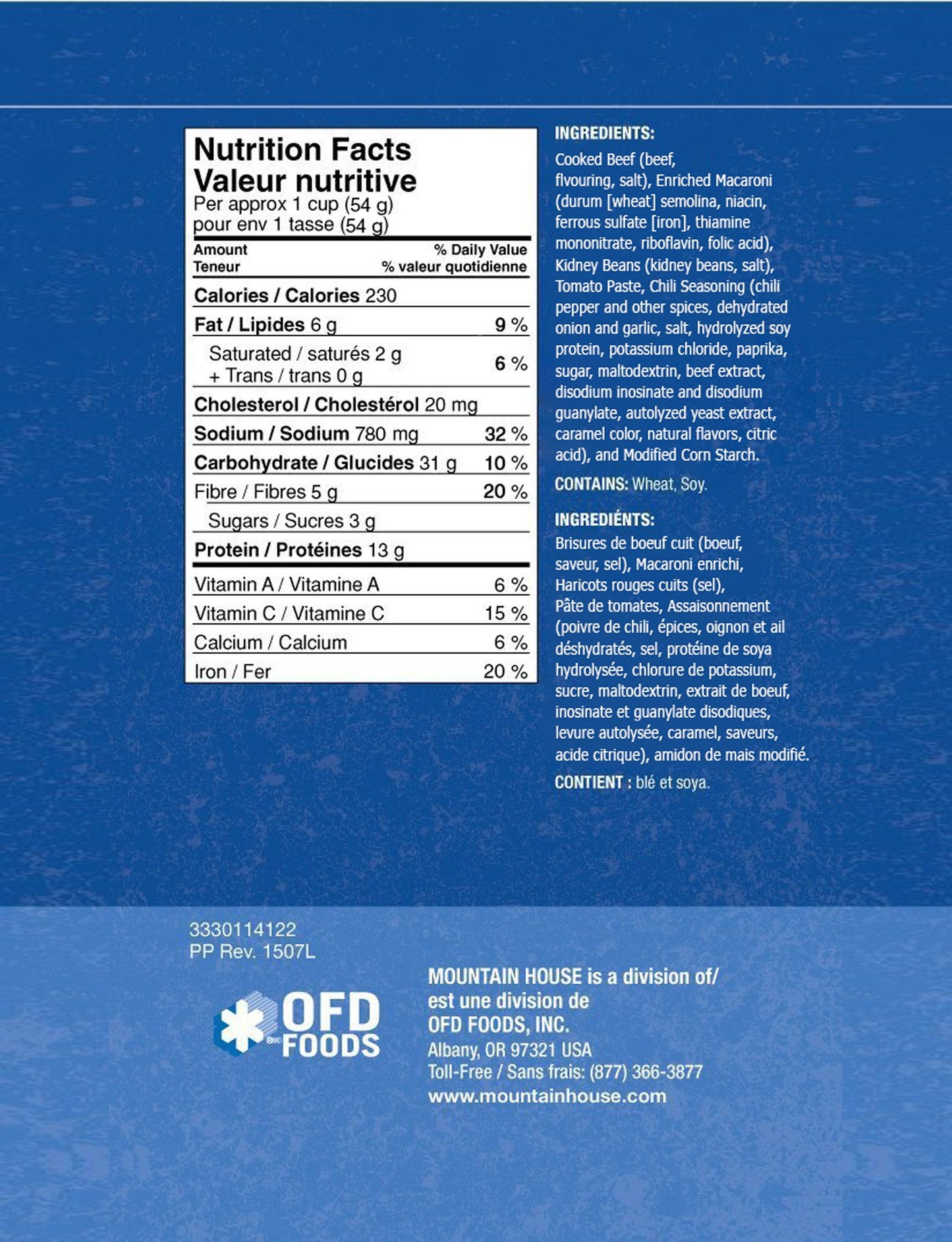 Chili Mac with Beef #10 Can Package (Mountain House®) Nutritional Facts