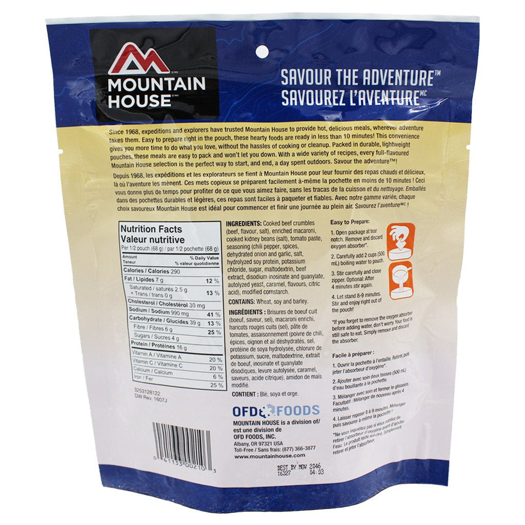 Chili Mac with Beef Pouch - Two Serving (Mountain House®) Nutritional Facts
