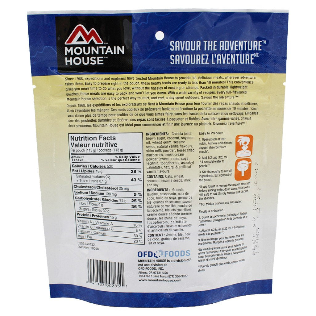 Granola with Milk and Blueberries Pouch - One Serving (Mountain House®) Nutritional Facts
