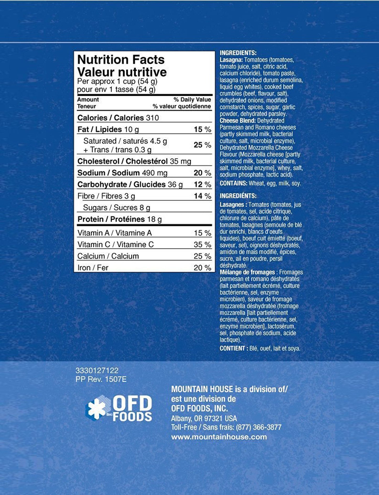 Lasagna with Meat Sauce #10 Can Package (Mountain House®) Nutritional Facts