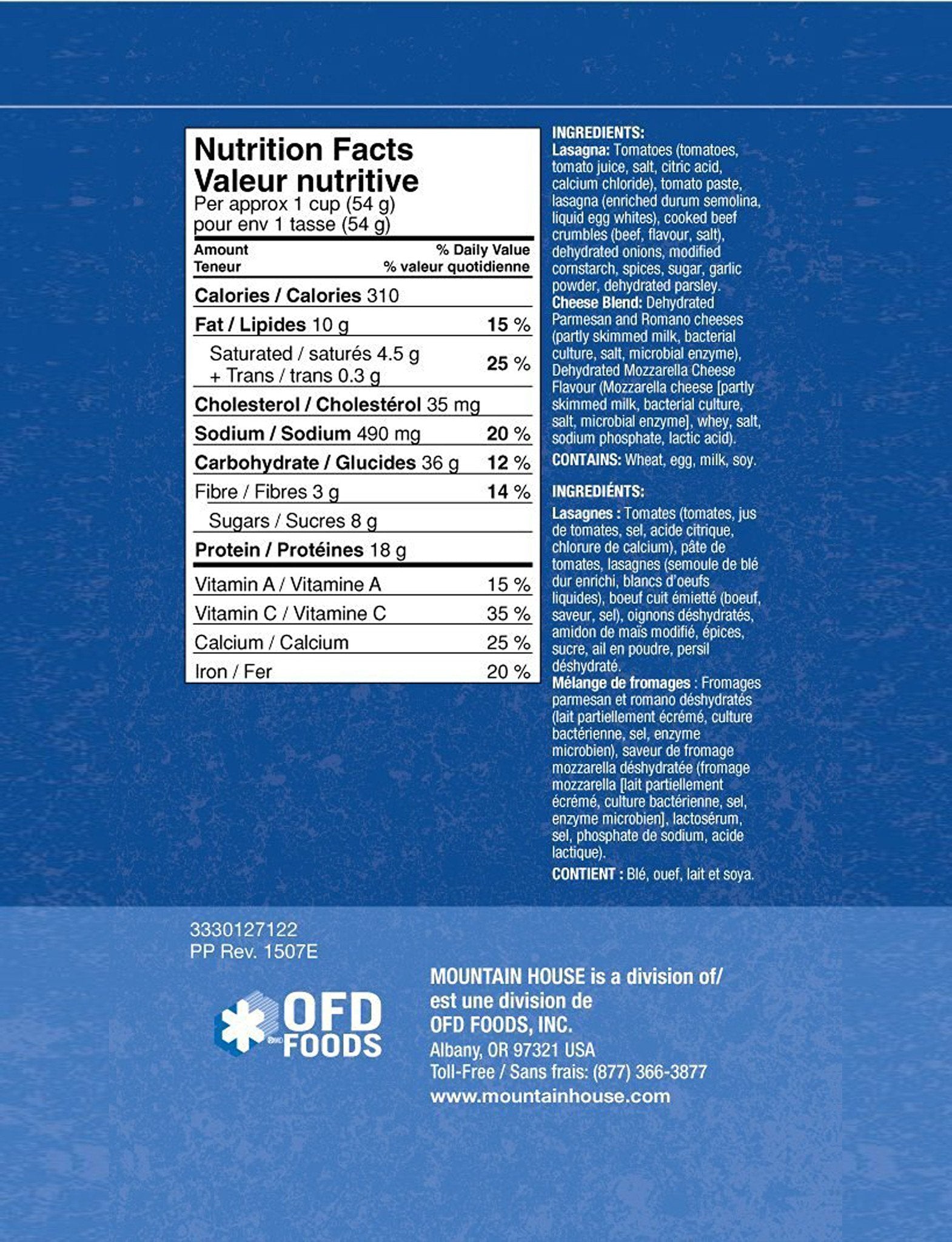 Lasagna with Meat Sauce #10 Can Package (Mountain House®) Nutritional Facts