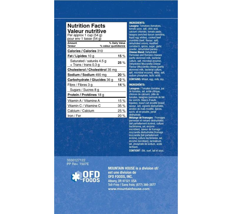 Lasagna with Meat Sauce #10 Can (Mountain House®) Nutritional Facts