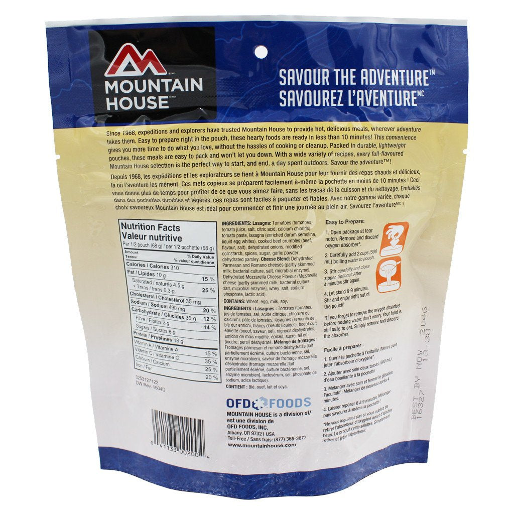 Lasagna With Meat Sauce Pouch - Two Serving (Mountain House®) Nutritional Facts