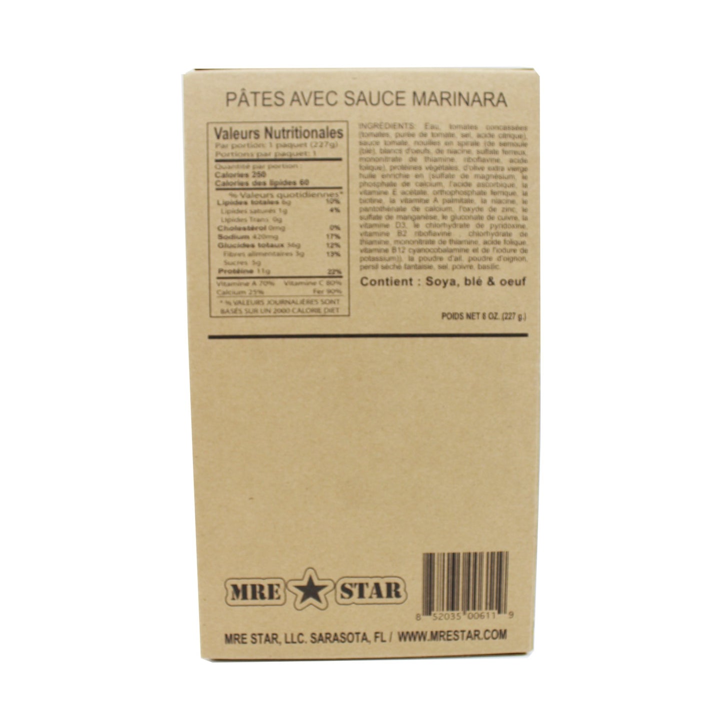 Back side of MRE pasta marinara with veggie meat crumbles case with retort bag inside