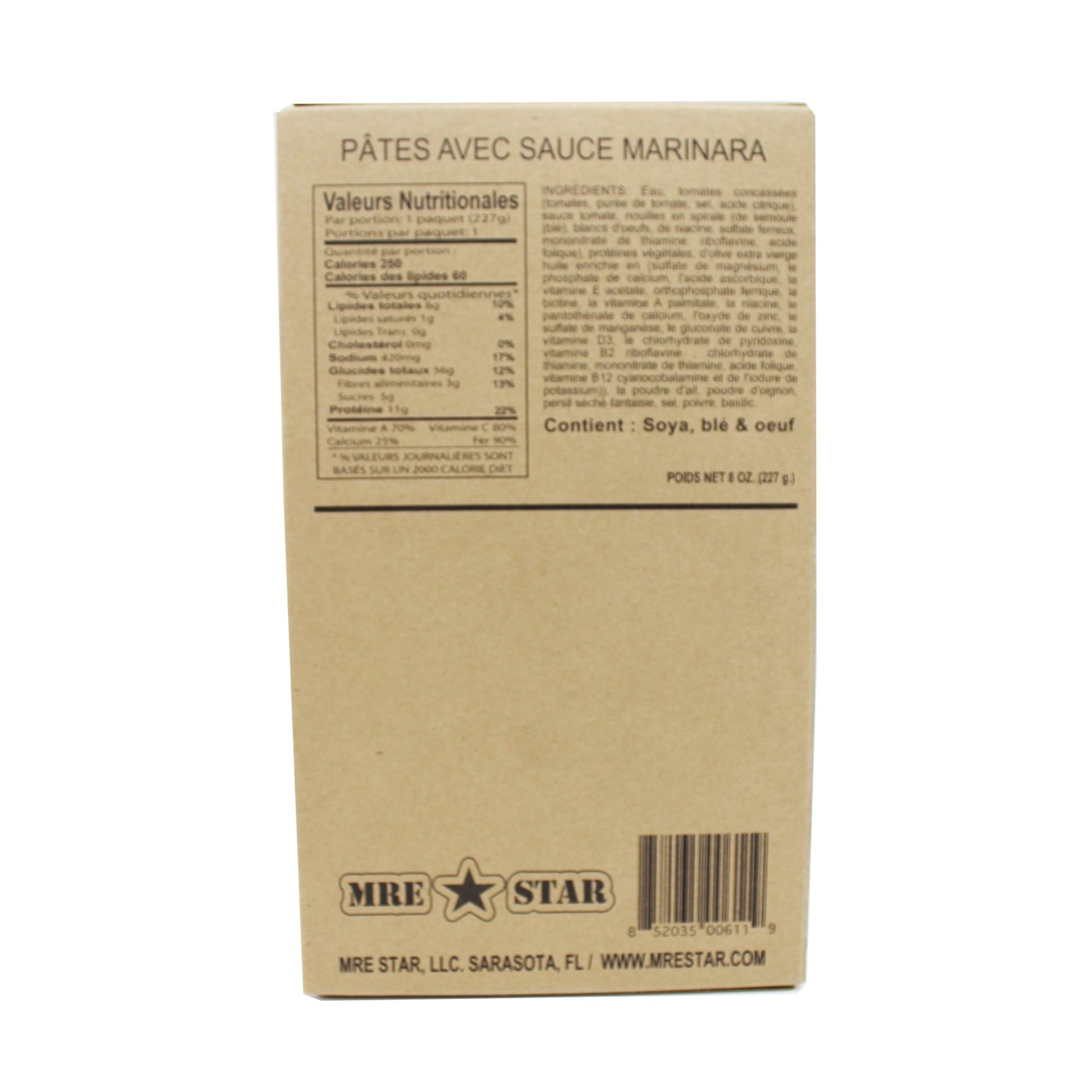 Back side of MRE pasta marinara with veggie meat crumbles case with retort bag inside