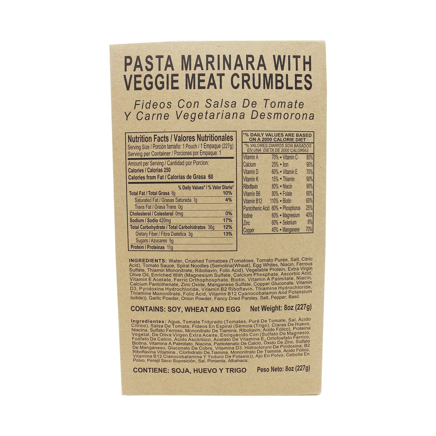 Front side of MRE pasta marinara with veggie meat crumbles case with retort bag inside