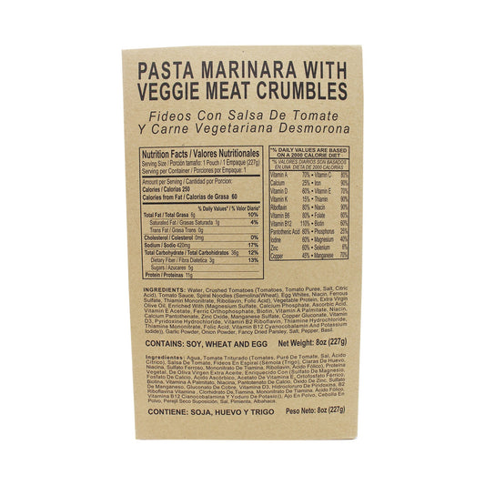 Front side of MRE pasta marinara with veggie meat crumbles case with retort bag inside