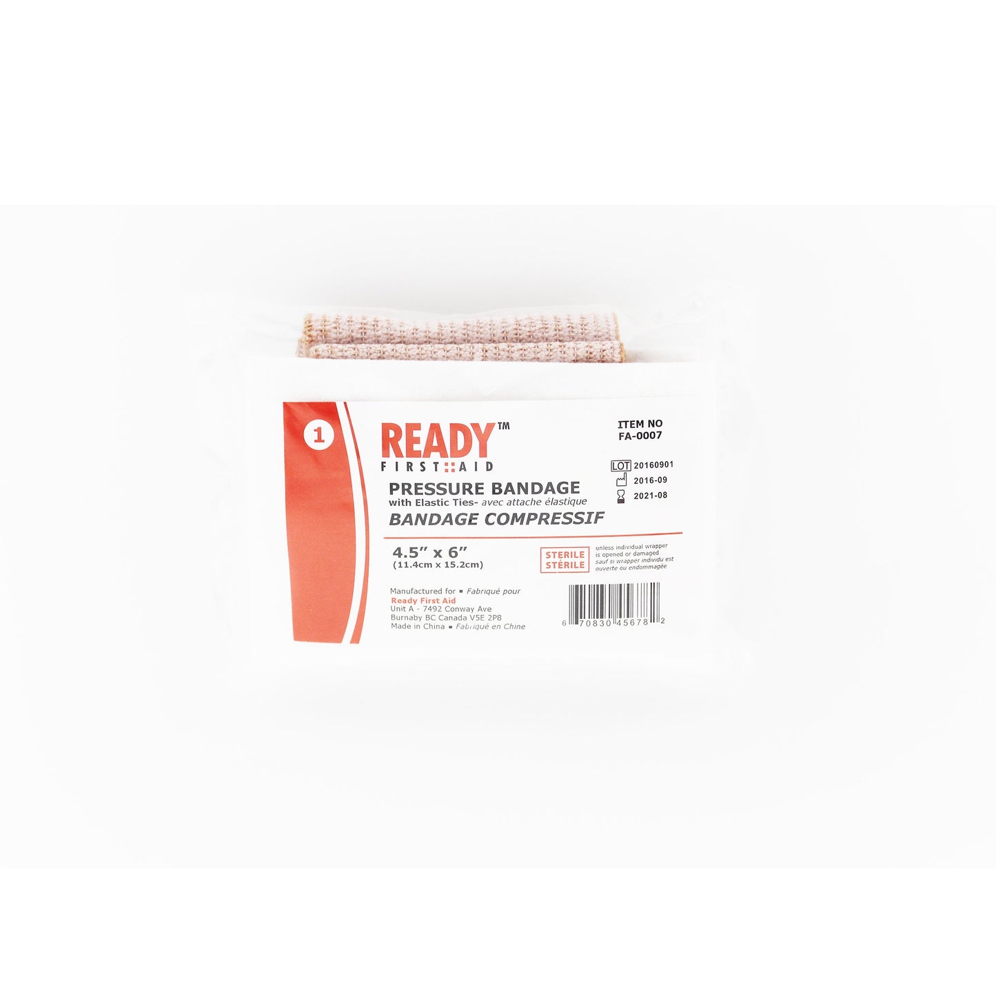 Pressure Bandage w/Elastic Ties 11.4cm x 14.3cm (4.5 inches x 6 inches) - Ready First Aid