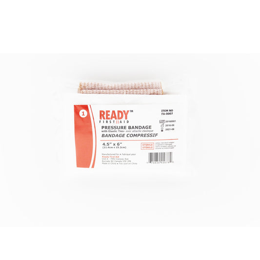 Pressure Bandage w/Elastic Ties 11.4cm x 14.3cm (4.5 inches x 6 inches) - Ready First Aid