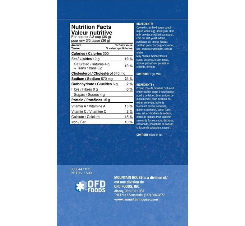 Scrambled Eggs with Bacon #10 Can (Mountain House®) Nutritional Facts