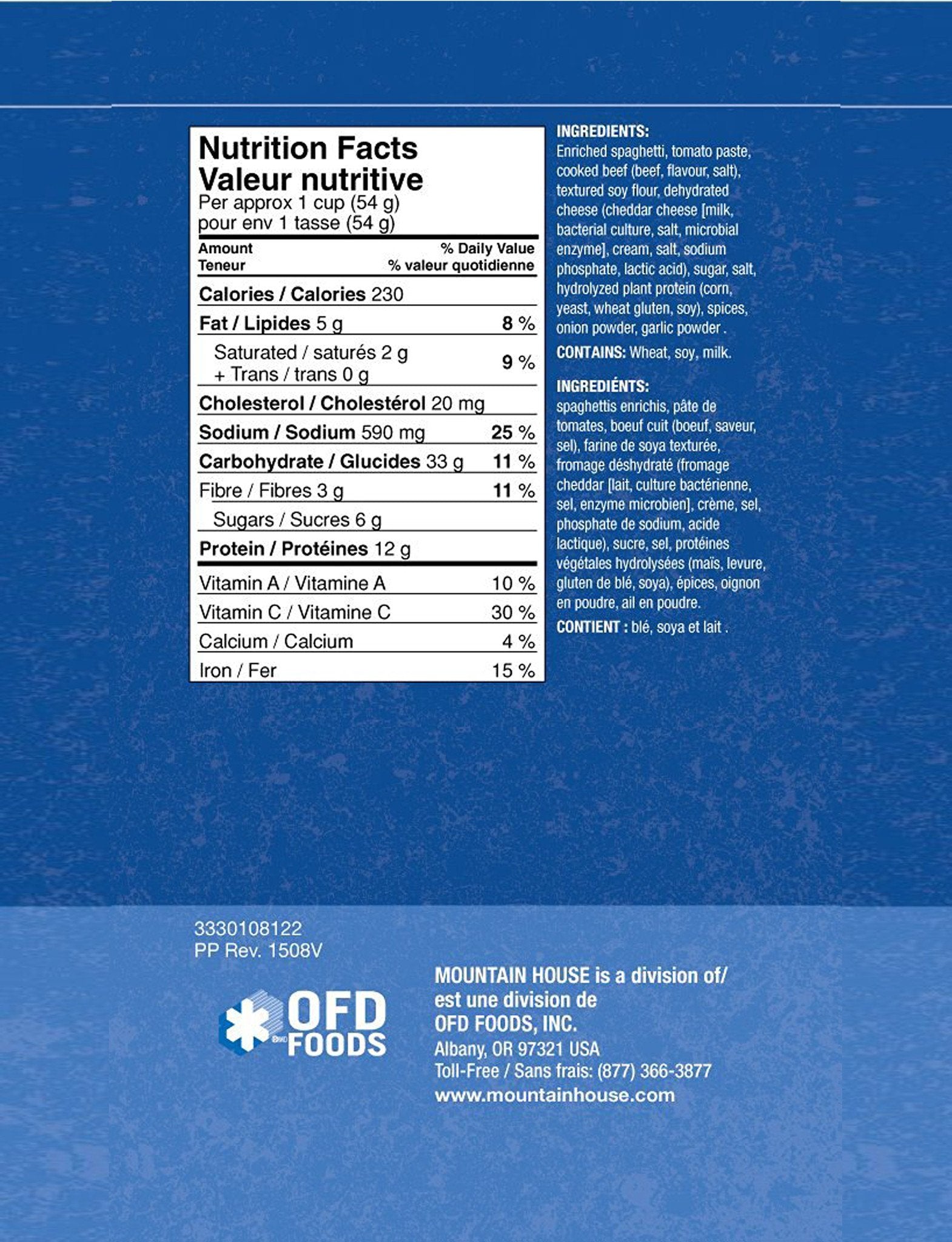 Spaghetti with Meat Sauce #10 Can Package (Mountain House®) Nutritional Facts