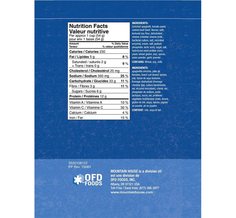 Spaghetti with Meat Sauce #10 Can (Mountain House®) Nutritional Facts