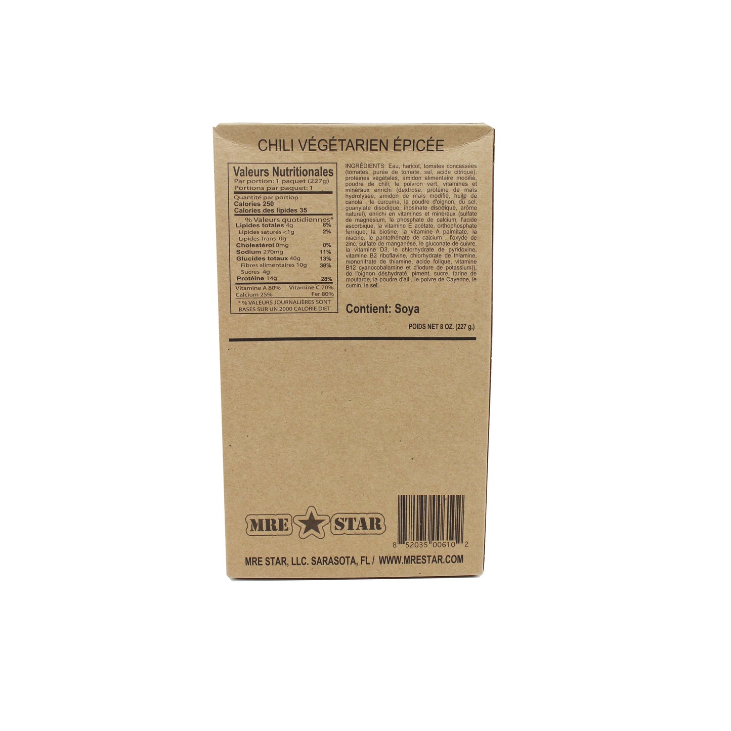 Back side of MRE spicy vegetarian chili with vegetarian meat crumbles case with retort bag inside
