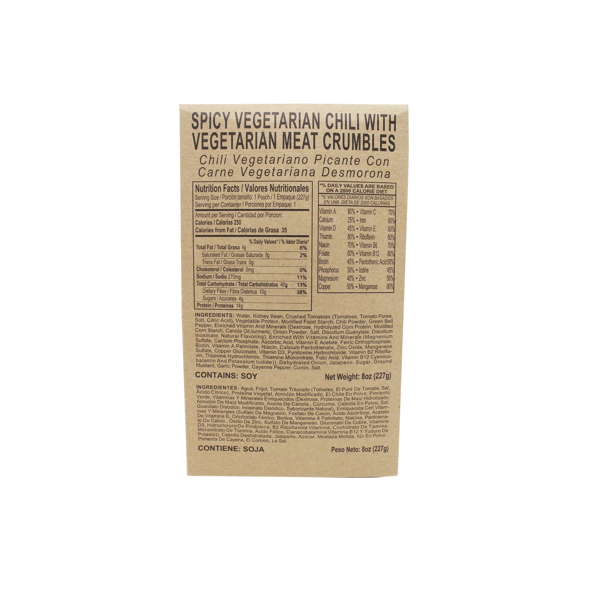 Front side of MRE spicy vegetarian chili with vegetarian meat crumbles case with retort bag inside