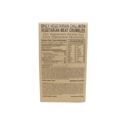 Front side of MRE spicy vegetarian chili with vegetarian meat crumbles case with retort bag inside