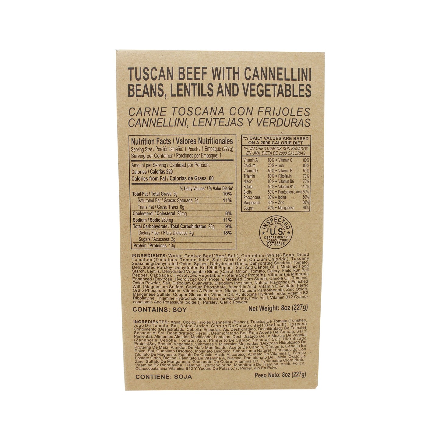 Front side of MRE Tuscan beef with cannellini bean, lentils and vegetables case with retort bag inside