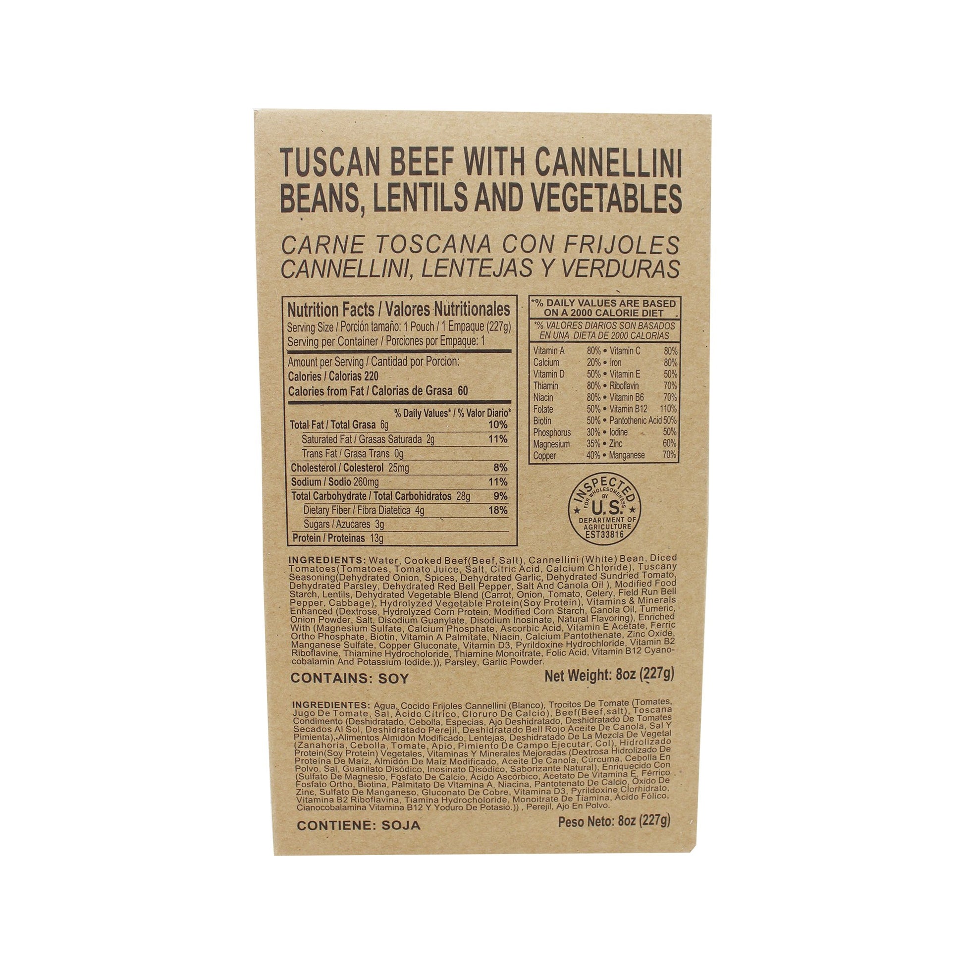 Front side of MRE Tuscan beef with cannellini bean, lentils and vegetables case with retort bag inside