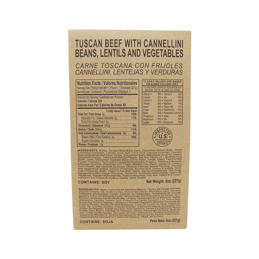 Front side of MRE Tuscan beef with cannellini bean, lentils and vegetables case with retort bag inside